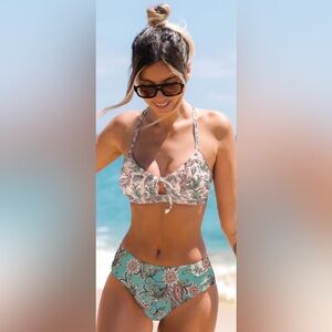 Brand New! Arty Petals Shirred Lace Back Bralette & Mid Rise Green Bikini Set